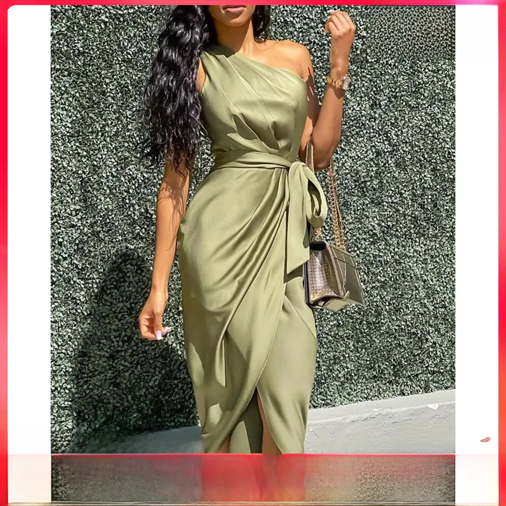 een Silk Face Irregular Dr High Waist Oblique oulder Par Gown Me Irregular Dres Street Sle Mid-Length Skirt