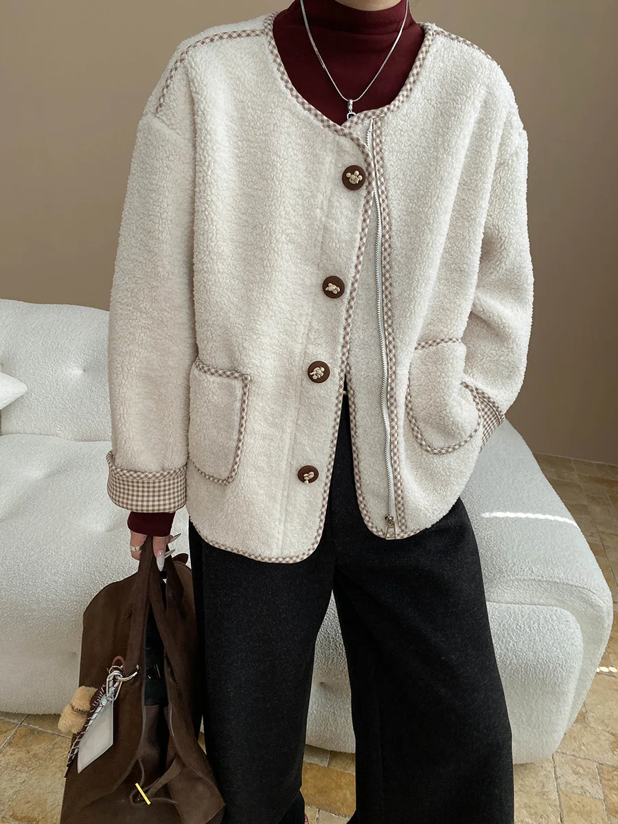 

Женская повседневная однотонная теплая куртка в клетку в стиле ретро с круглым вырезом, имитация овечьей шерсти, гранулированная флисовая куртка