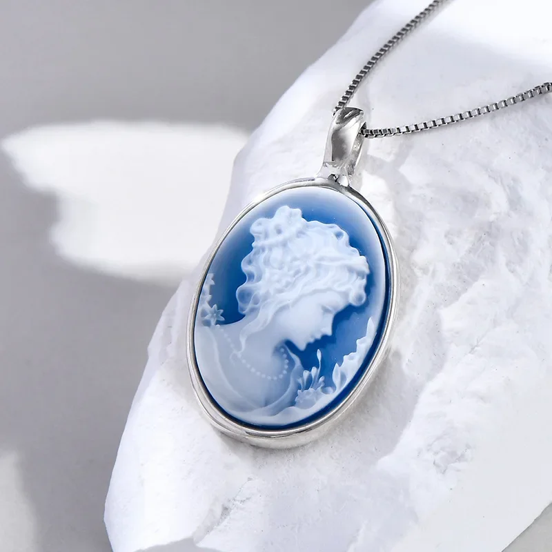 NEW S925 sterling silver pendant for women men new fashion blue agate beauty head vintage double embossed Oval jewelry