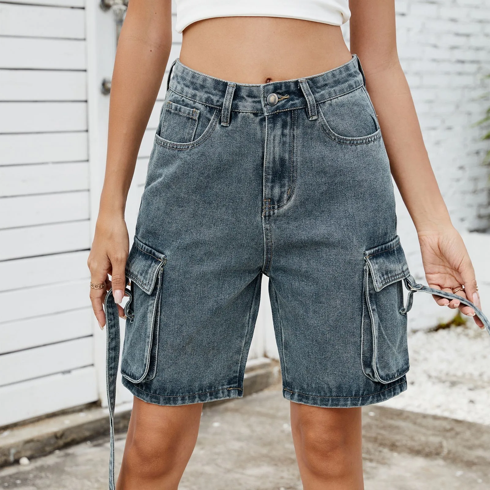

Y2K Street Jeans Shorts Vintage Washed Pocket Pants Wide Leg Jeans Denim Shorts Vintage Casual Knee Length Short Jeans 2025