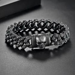 Vintage Gothic Stainless Steel Black Skull Bracelet For Men Punk Hip Hop Skeleton Bangles Party Jewelry Halloween Gift Wholesale
