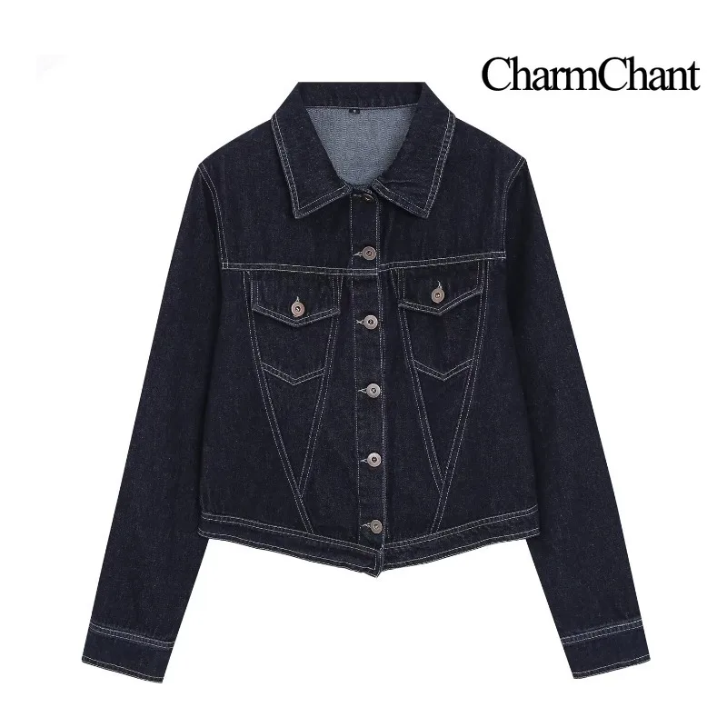 CHARMCHANT Women's Denim Jacket Contrast Stitch Snap Button Cropped Jeans Coat Red Heart Patch Back Autumn 2026