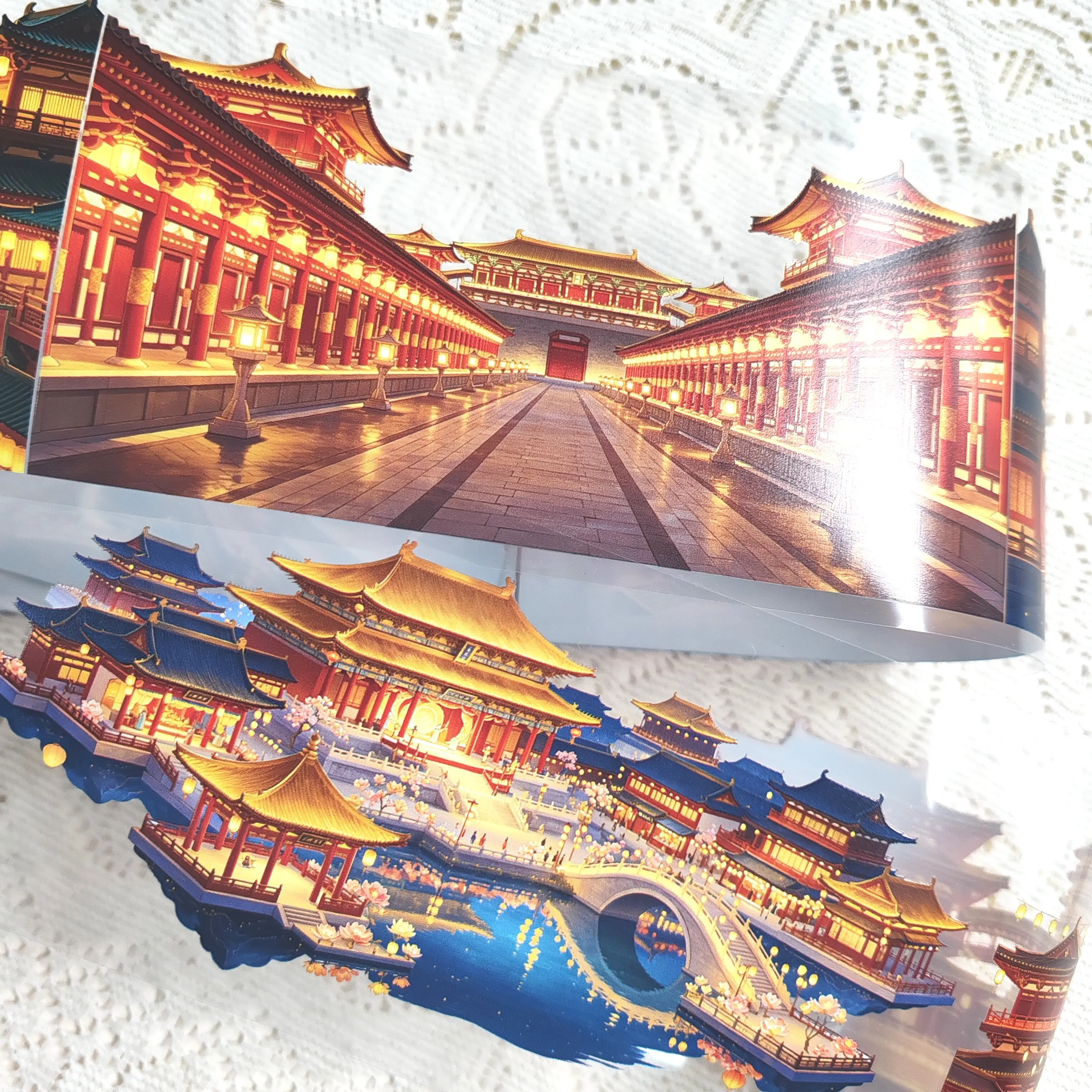 DIY Ancient Chinese Night City Building Background Washi Tape for Scrapbooking Collage Scenery Decoration