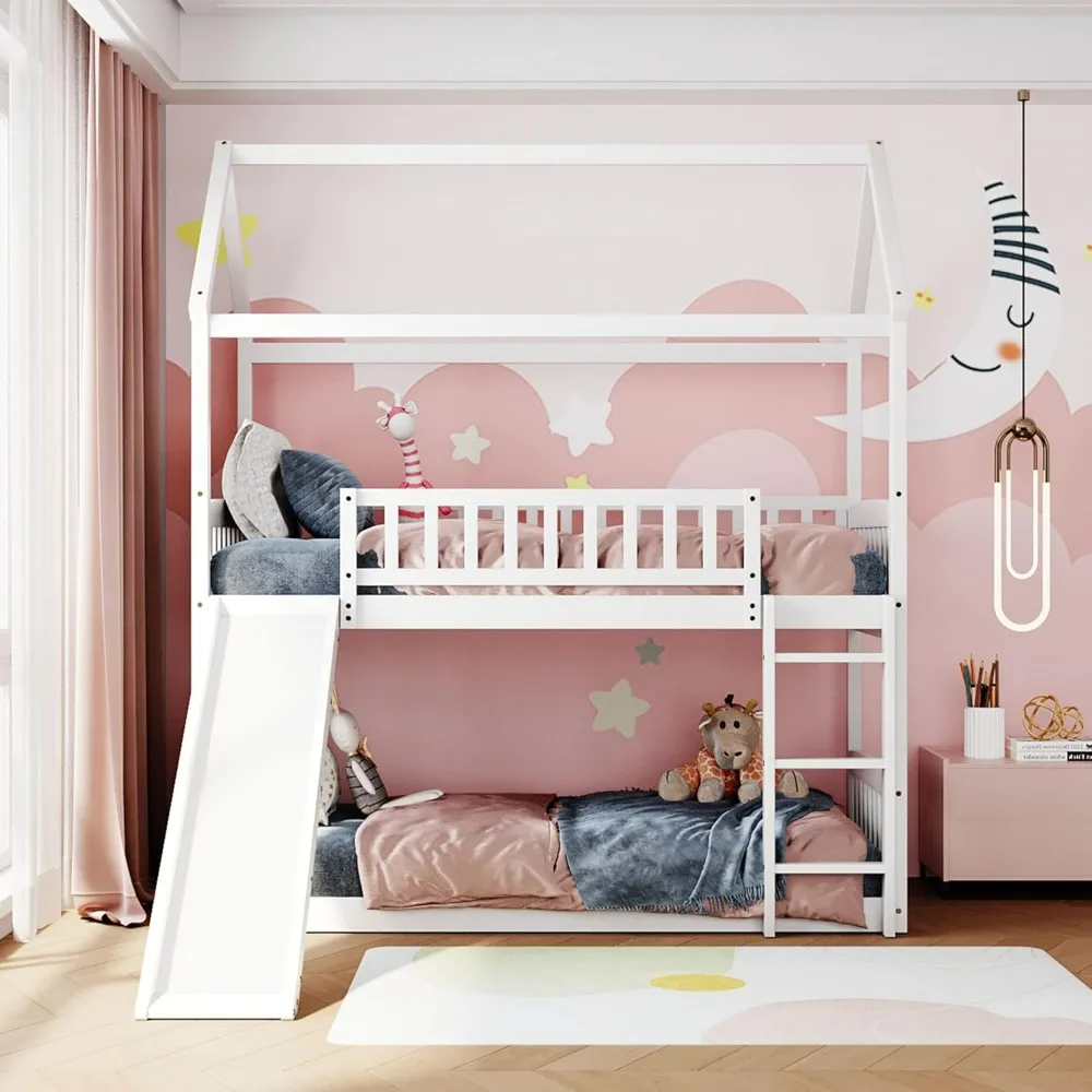 

House Bunk Beds with Slide, Wooden Twin Over Twin Bunk Bed Frame with Ladder, Guardrails, Bunk House Bed for Kids, Teens