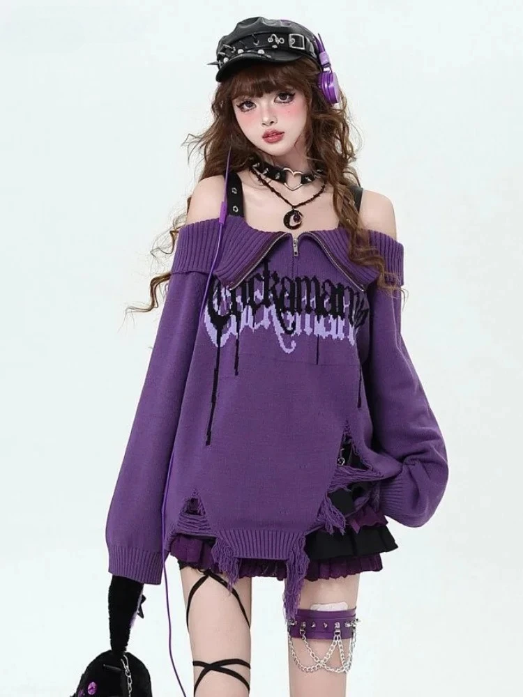 

Slash Nerck Loose Grunge Sweater Y2k Aesthetic Hole Knitted Sweaters Streetwear Off Shlouder Zipper Harajuku Women Sexy Jumpers