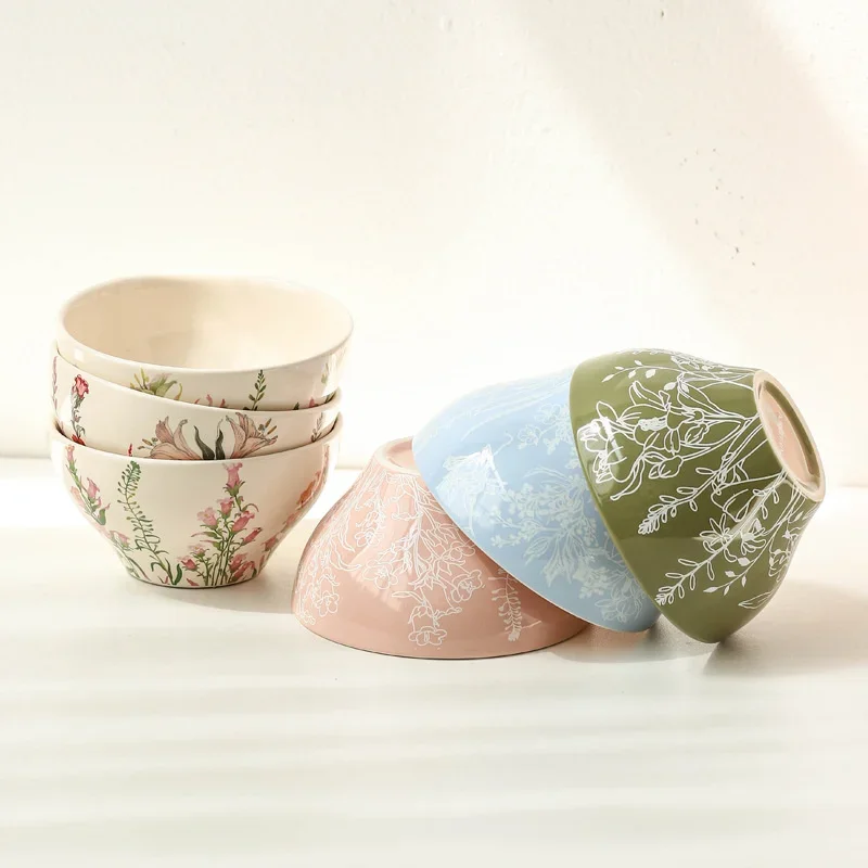 New Pretty Fresh Style High Temperature Fired Ceramic Rice Bowl Tableware Floral Pattern Noodle Breakfast Fruit Multiple Colors