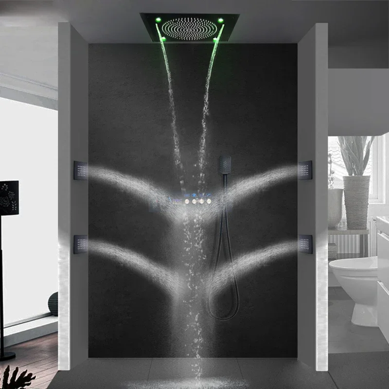 500*500MM Matte Black Shower Head LED Constant Temperature Digital Display  Faucet Set With Music Function