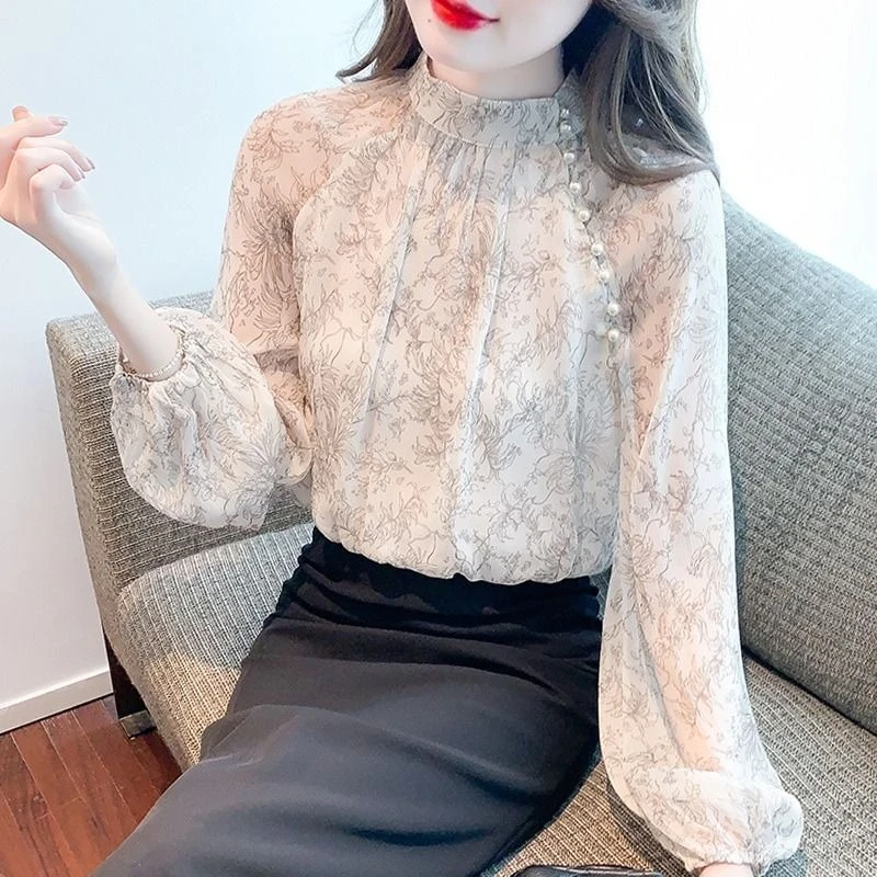 

Women's Floral Chiffon Blouse Long Sleeve Loose Fit Elegant Stand Collar Beaded Detail Autumn Fall 2026 New Fashion Top​
