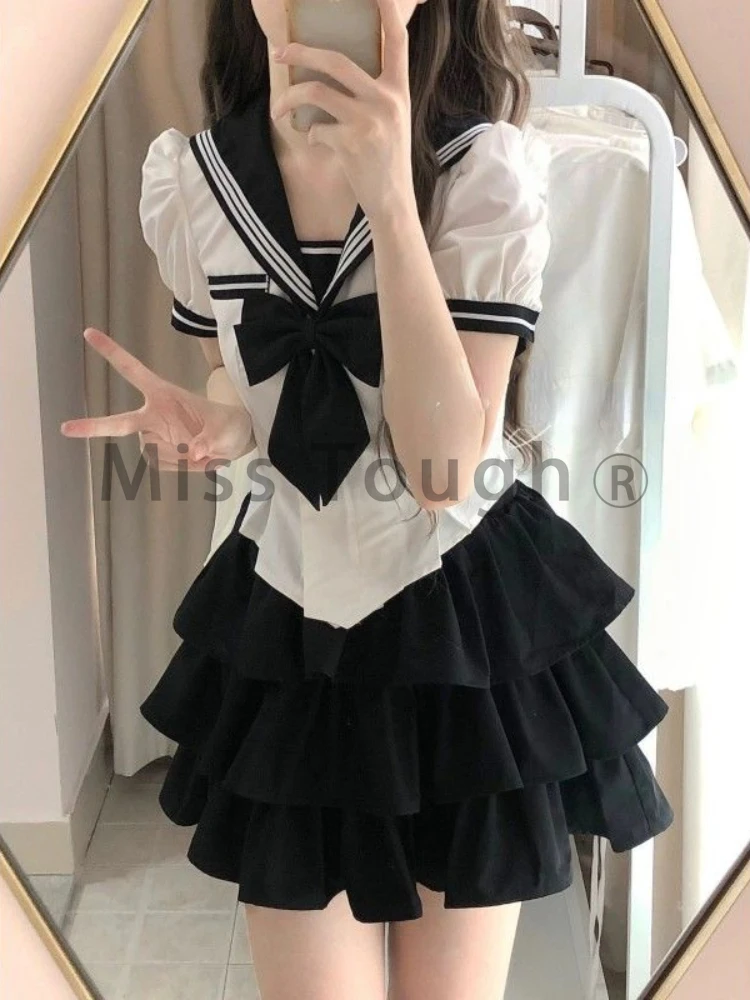 Sweet College Style New 2 Piece Set Women Summer Korean Fashion Lolita Sweet Suit Female Cute Shirt+High Waist Puffy Y2k Skirt