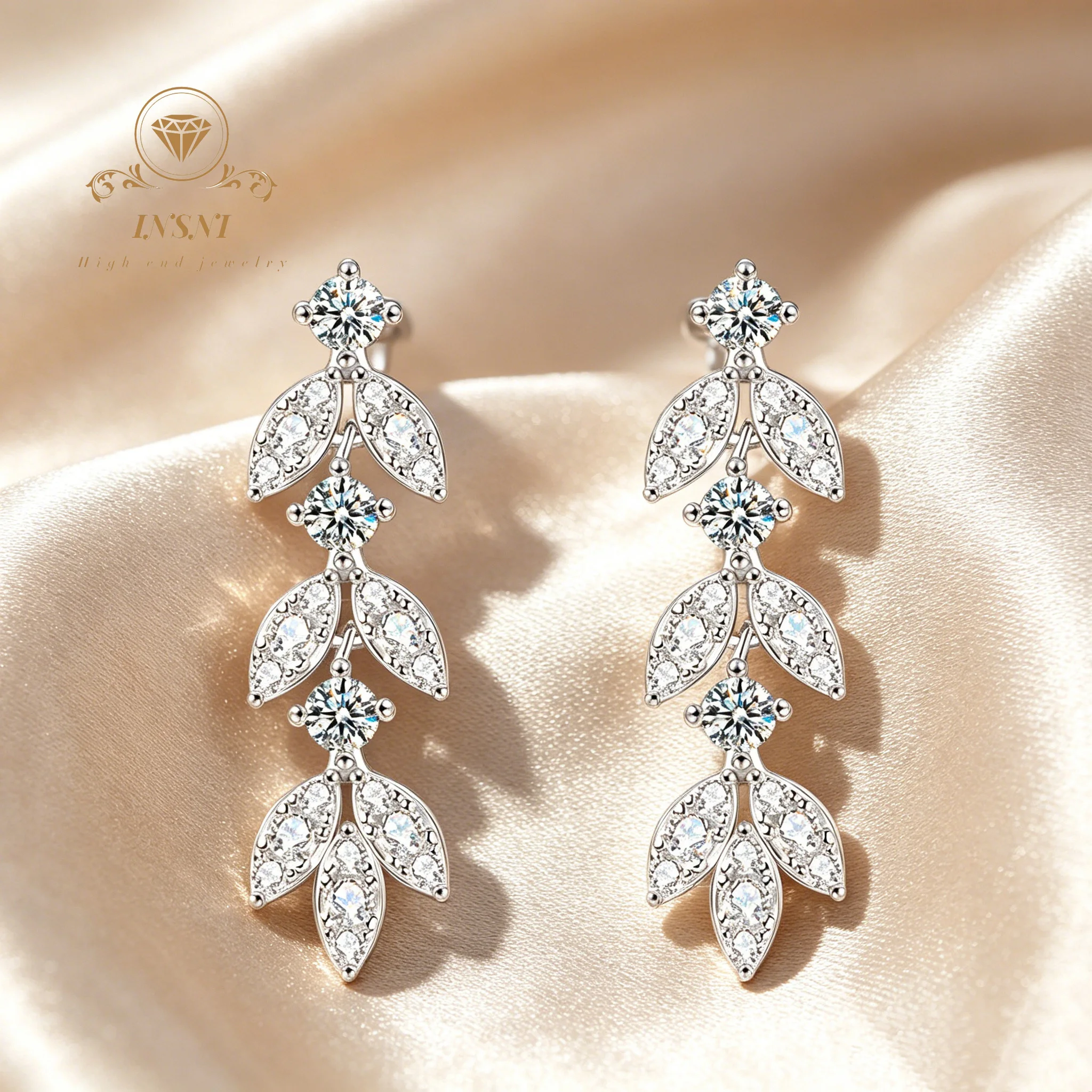Moissanite Fringed Earrings Niche High-end S925 Sterling Silver Leaf Stud Earrings Pendant Jewelry Affordable Gift  for Women