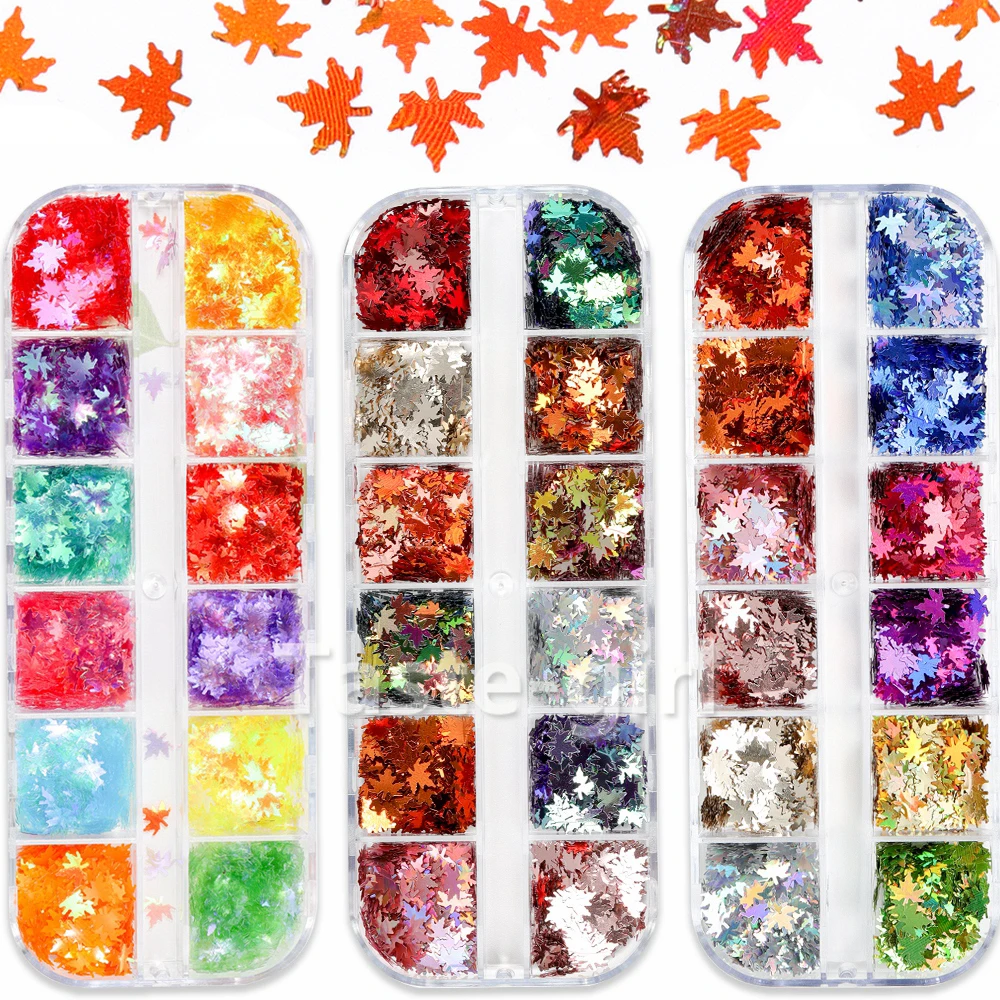 12 Grids Maple Leaves Nail Glitter Sequins Mixed Shiny Fallen Leaf Flakes DIY Autumn Nail Art Decoration Accessories Supplies