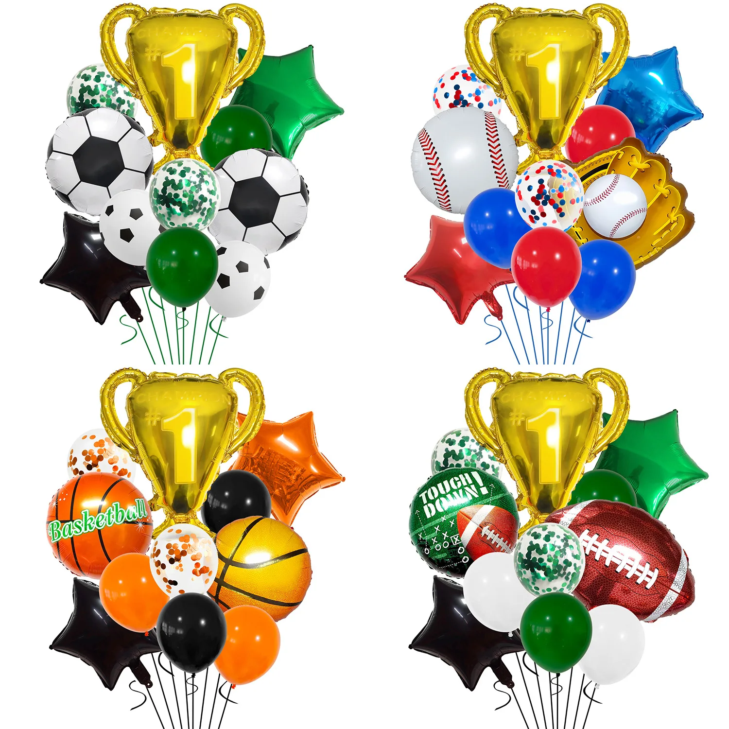 13-teiliges Ballon-Set mit Championship-Themen – perfekt für Sportfans, inklusive Baseball-, Fußball-, Basketball- und Rugby-Designs