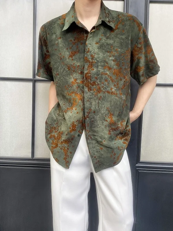 

Summer New Chinese Style Flocking Embroidery Short Sleeve Men's Shirt Vintage National Trend Flower Shirt High-End Sensation