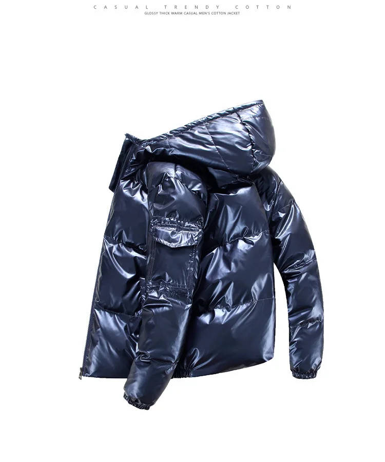 2026 High-Shine Puffer Jacket Men's Cropped Oversized Hooded Coat Futuristic Tech-Inspired Streetwear Metallic Winter Coat Youth