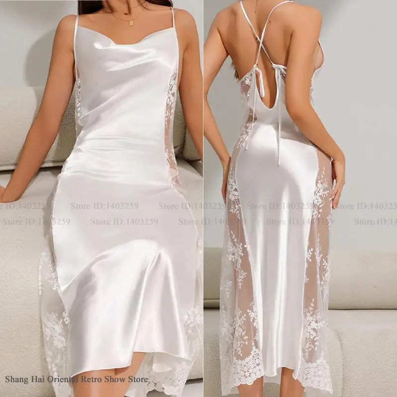 

Sexy Suspender Nightgown Long Chemise Sleepwear Temptation Perspective Lace Nightdress Lingerie Rayon Women Home Dress Nightwear