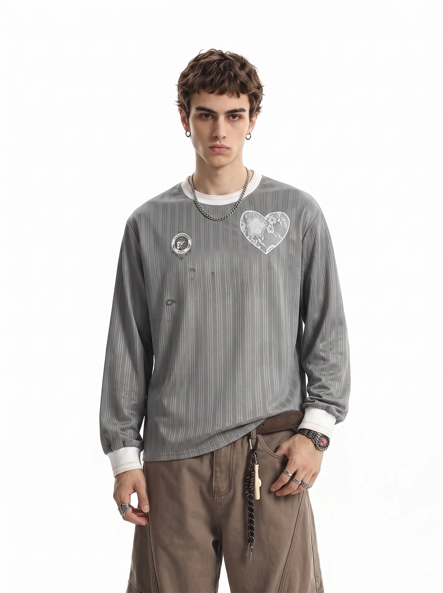 BETEBULE American High Street Long Sleeve T-Shirt Men's Autumn Fashion Sport Loose Top Embroidered Print Striped Ball Shirt
