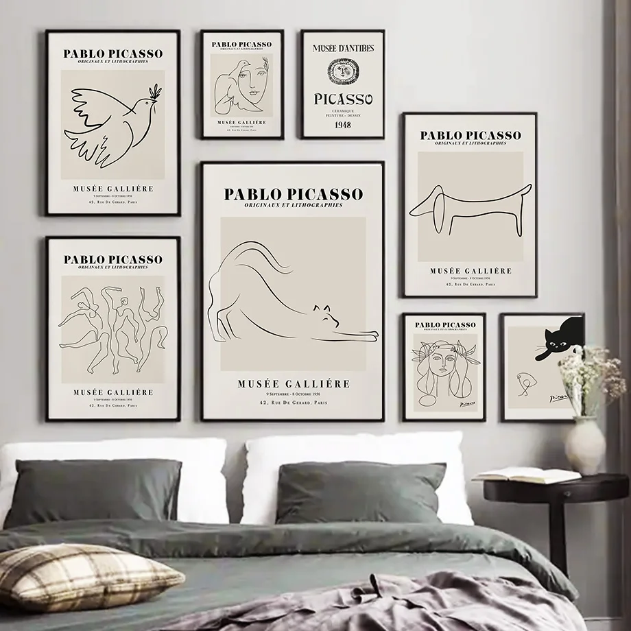 Picasso Line Cat Pigeon Girl Abstract Posters And Prints Wall Art Canvas Painting Exhibition Pictures For Living Room Home De