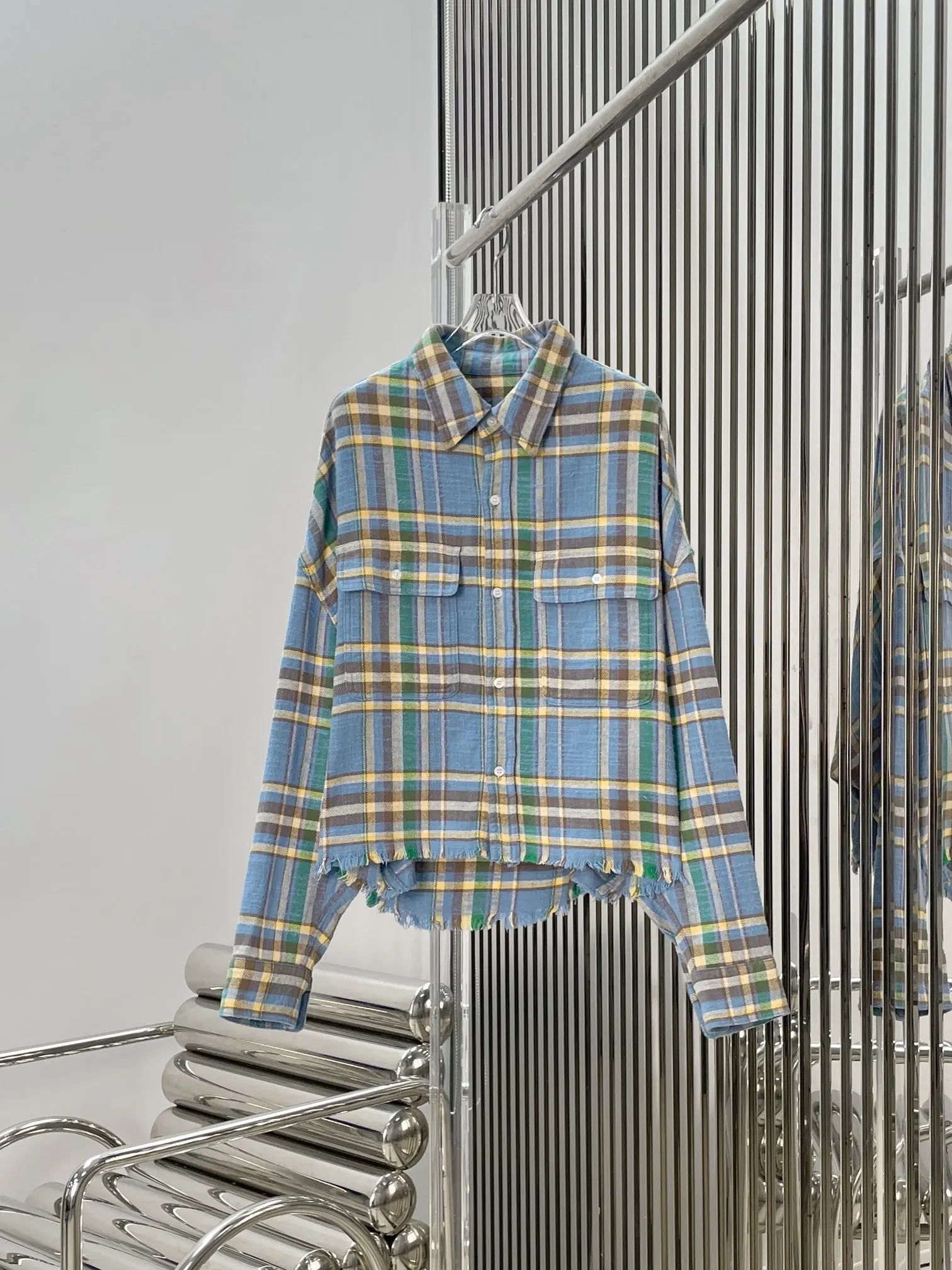 

High Quality Vintage Blue Plaid Shirt with Frayed Hem Loose Fit Slimming Casual Style Pure Cotton Long Sleeve Women's Top