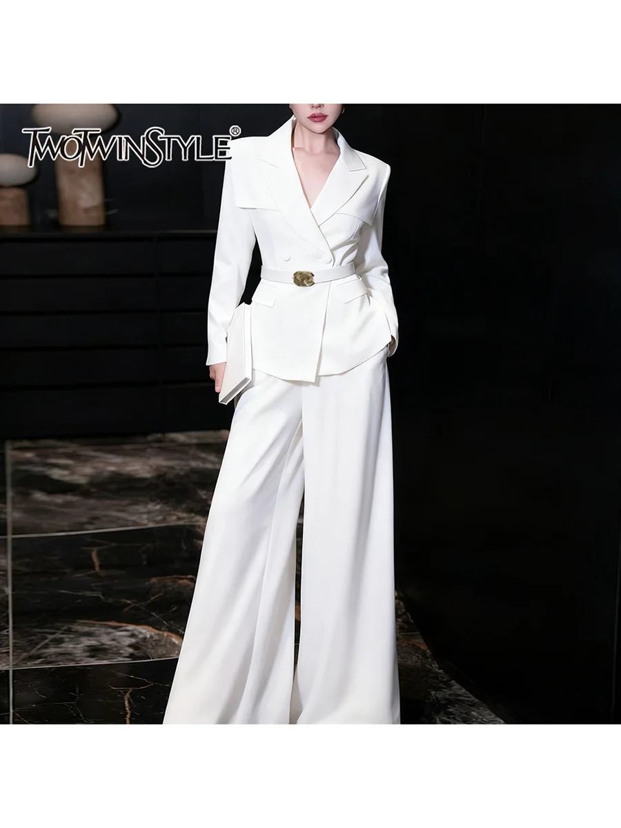 

TWOTWINSTYLE Slimming Two Piece Sets for Women Lapel Long Sleeves Spliced Belt Top High Waist Wide Leg Pant Elegant Set Female