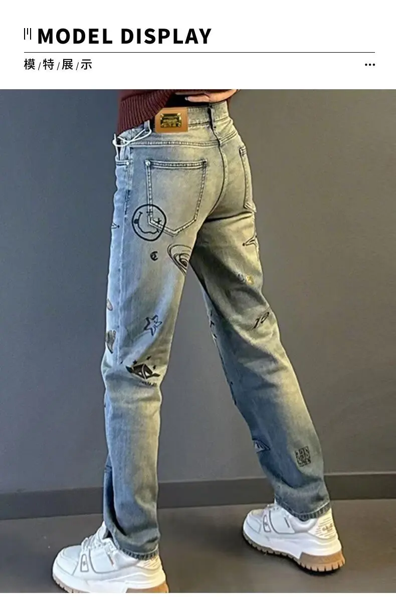 Men Blue Denim Jeans letter print Jeans Italian High Street Style Denim Pants High Quality Male Slim Fit Denim Trousers Size 38