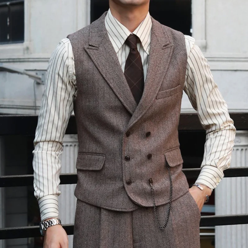 

Vintage British-Style Elegant Notched Lapel Double-Breasted Wool Tweed Herringbone Casual Slim-Fit Wedding Suit Vest