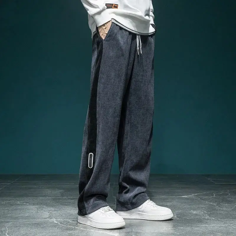 

Spring Autumn New Contrast Color Fashion Elastic Waist Wide Leg Trousers Man High Street Loose Pockets Drawstring All-match Pant