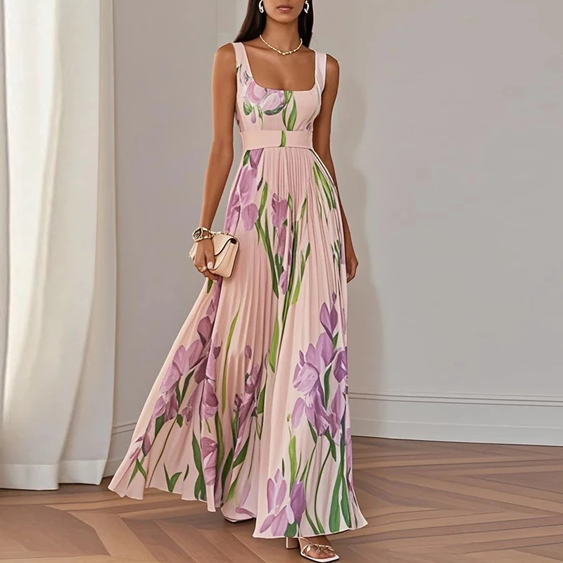 New Women's Sleeveless Straps Summer Dress Elegant Floral Print Pleated Long Dresses Spring Square Collar High Waist Party Dress - Image 2