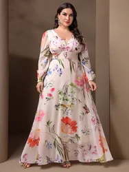 TOLEEN 2024 Neue Sommer Lässig Elegante V-ausschnitt Schlank Mesh Urlaub Kleider Fashion Floral Gedruckt Plus Größe Frauen Langarm Kleid