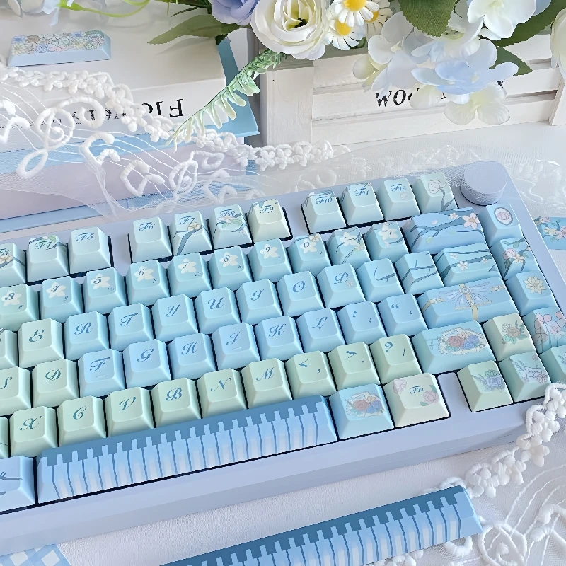 Garden Movement Keycap Sublimation 140 Key Cherry Pbt Keycap Blue Romantic Flower Piano 7U/Split Space Iso Layout Keycap