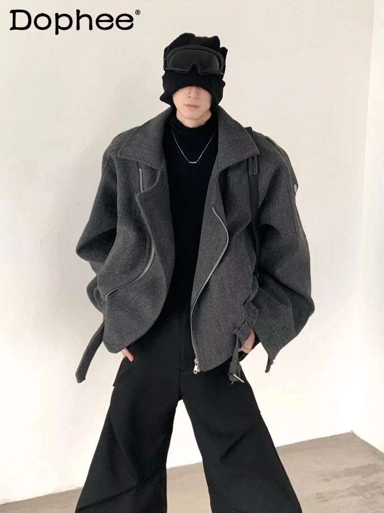 

High-end Trendy Male Gray Zipper Woolen Coats Men's 2024 Autumn Winter New Handsome Woolen Coat Waist-tight Short Woolen Jackets