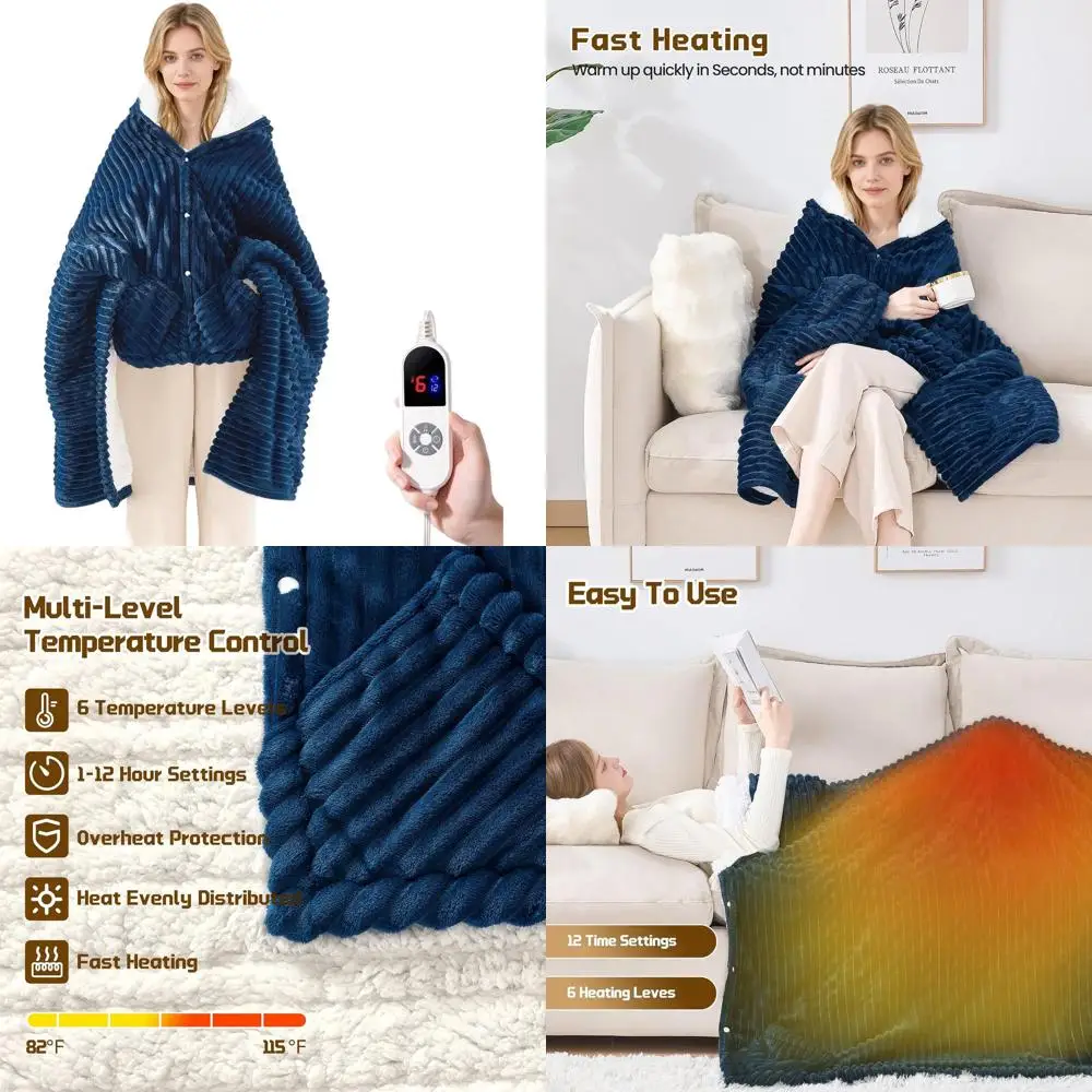 

Wearable Electric Blanket with Hood & Pockets, 6 Heating Levels, 12-Hour Timer, Machine Washable (40x70, Navy)