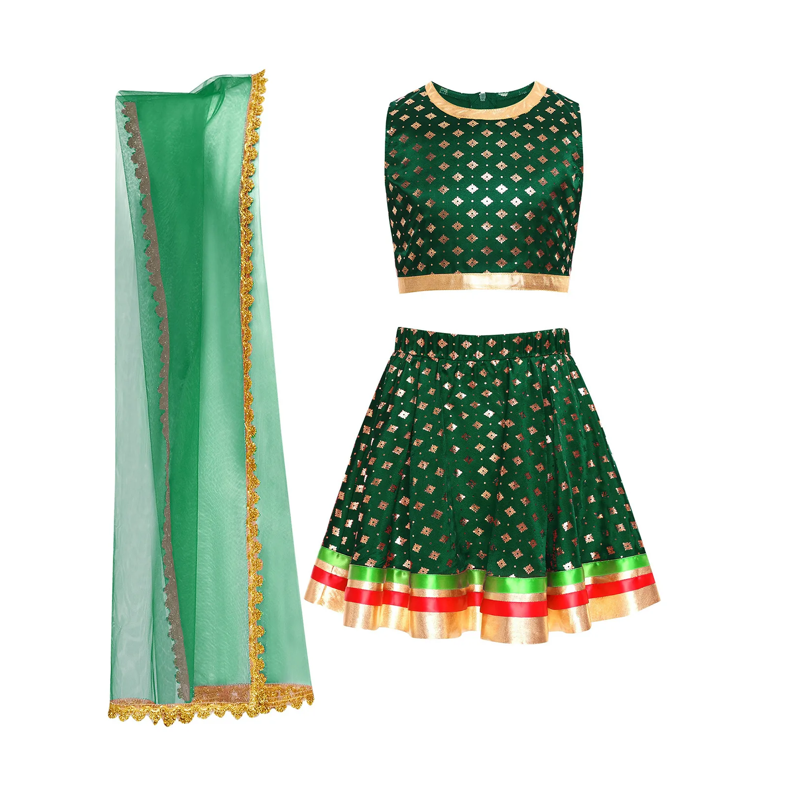 女の子ベリーダンス衣装インドダンスダンスウェアセットパフォーマンス衣装子供ショークロップトップとスカートチュールスカーフセット