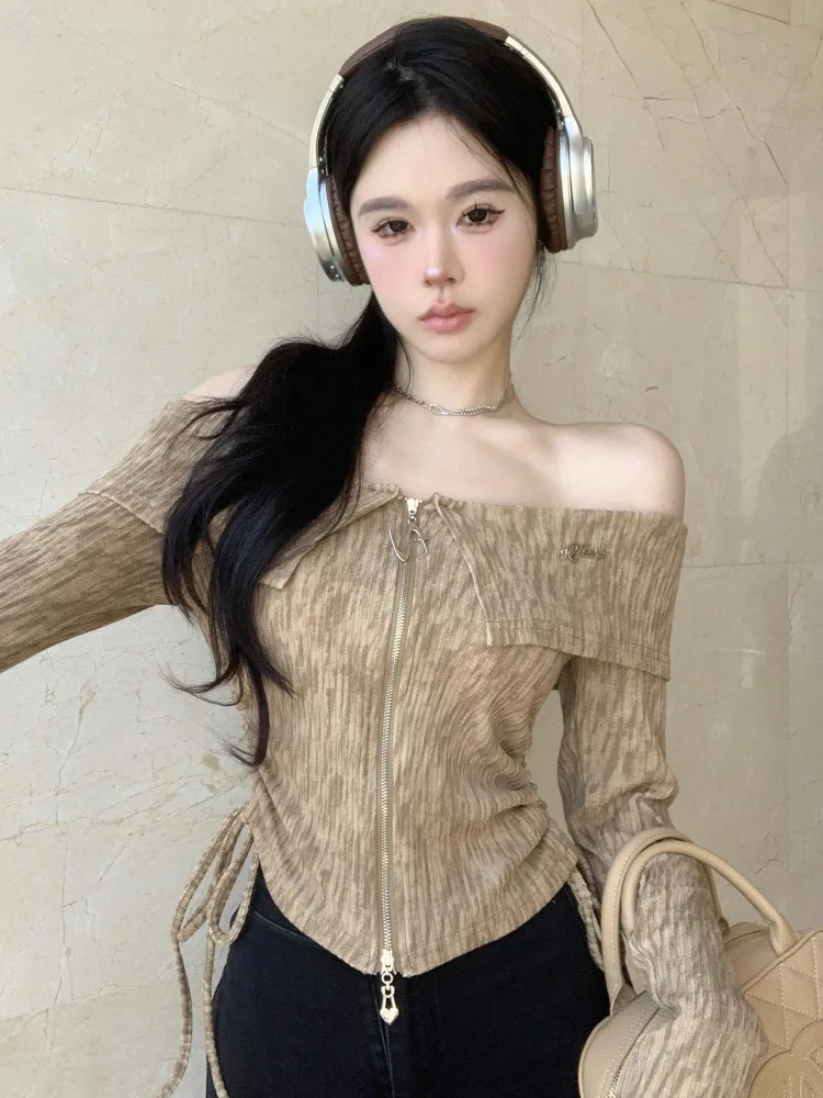 

Slimming Vintage Long Sleeve Dyed Shirt Women's Design Unique Drawstring Shoulder Baring Zipper Closure Korean Style Top