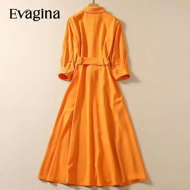 Evagina 2024 New Fashion Runway Designer Women's Lapel Collar Long Sleeved Frenulum Single Breasted Elegant Temperament Dress