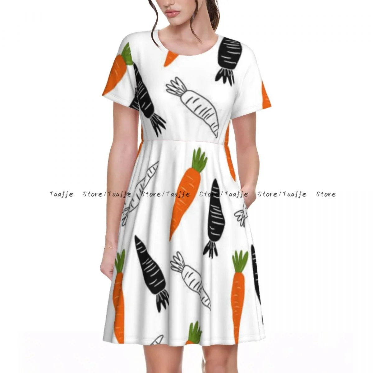 

Summer Women Dress Carrots Background Casual Beach Holiday Short Sleeve Round Collar Woman Midi Dress
