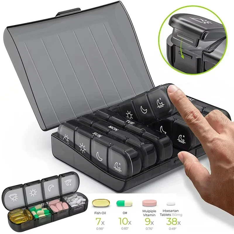 

Pill Cases Box Organizer 7 Days 28 Grids 4 Times Portable Travel with Large Compartments for Vitamins Medicine Fish Oils