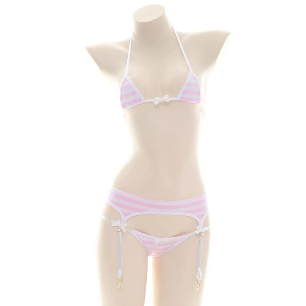 

Sexy Bikini Set Women Underwear Pink Blue Stripe Cute Lingerie Micro-Bikinis Swimwear Japanese Schoolgirl Anime Cosplay Costume
