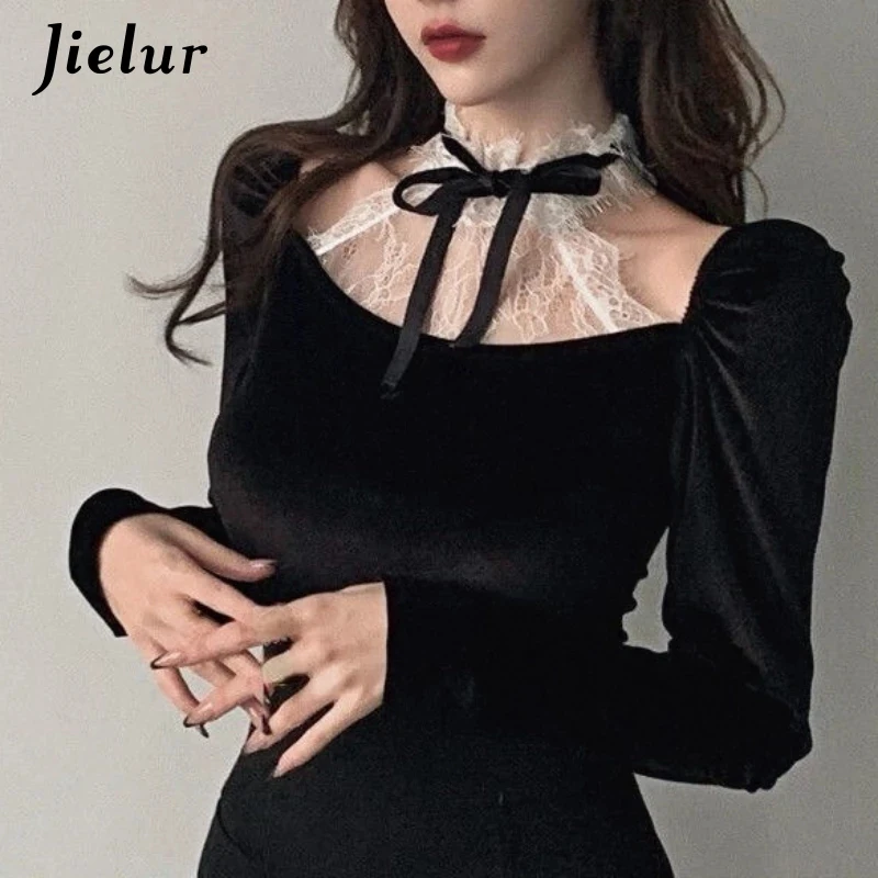 Jielur Long Sleeve Retro Slim Tops Women Lace Design Korean Fashion Black Vintage Blouse Office Lady Evening Party 2022 Spring