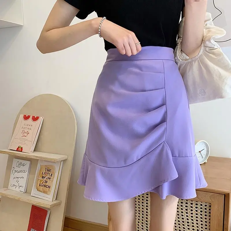 Irregular High Waist Skirts for Female Summer New Korean Fashion All-match Bag Hip A-Line Solid Color Ruffles Spliced Mini Skirt