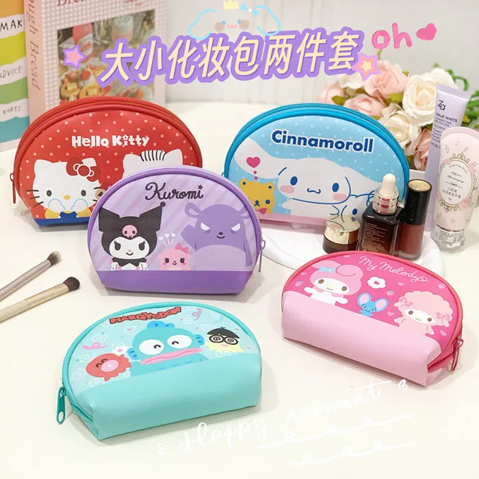 Kawaii Kuromi My Melody Hello Kitty 2Pcs Large Capacity Cosmetic Bag Set Anime Sanrio Girly Heart Cute Portable Coin Purse