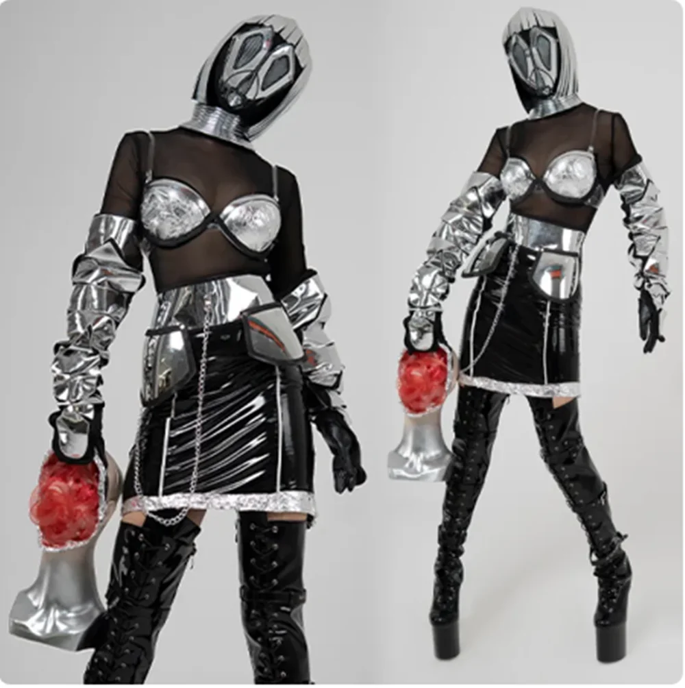 

Dancer Future Technology Stage Costume Silver Bikini Gloves Pu Leather Skirt Nightclub Gogo Dance Outfit Festival Clothing