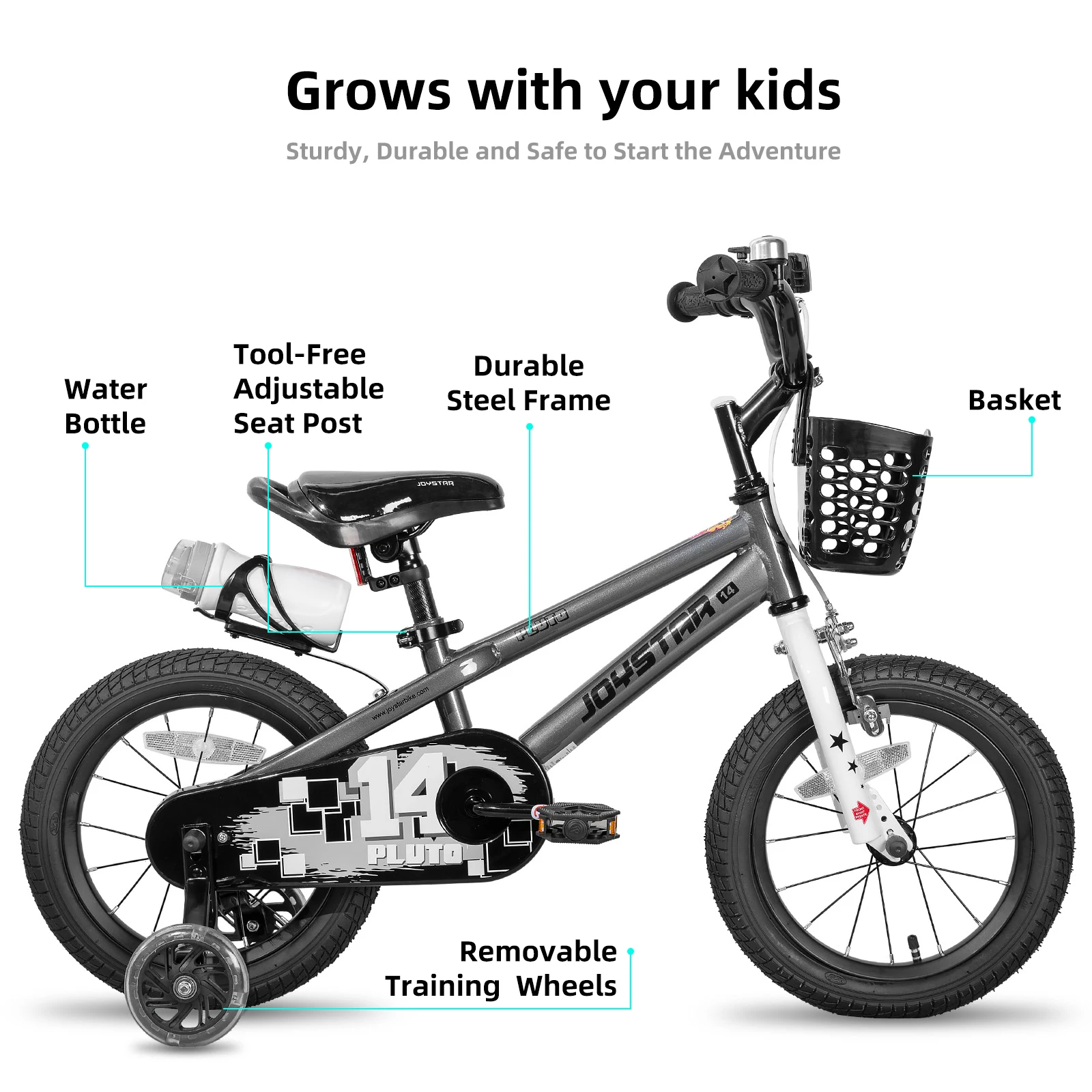 JOYSTAR 12 14 16 18 20 pollici Bici per bambini con ruote da allenamento, Bicicletta per bambini per ragazzi e ragazze dai 3 ai 12 anni, Bici per bambini, Grigio