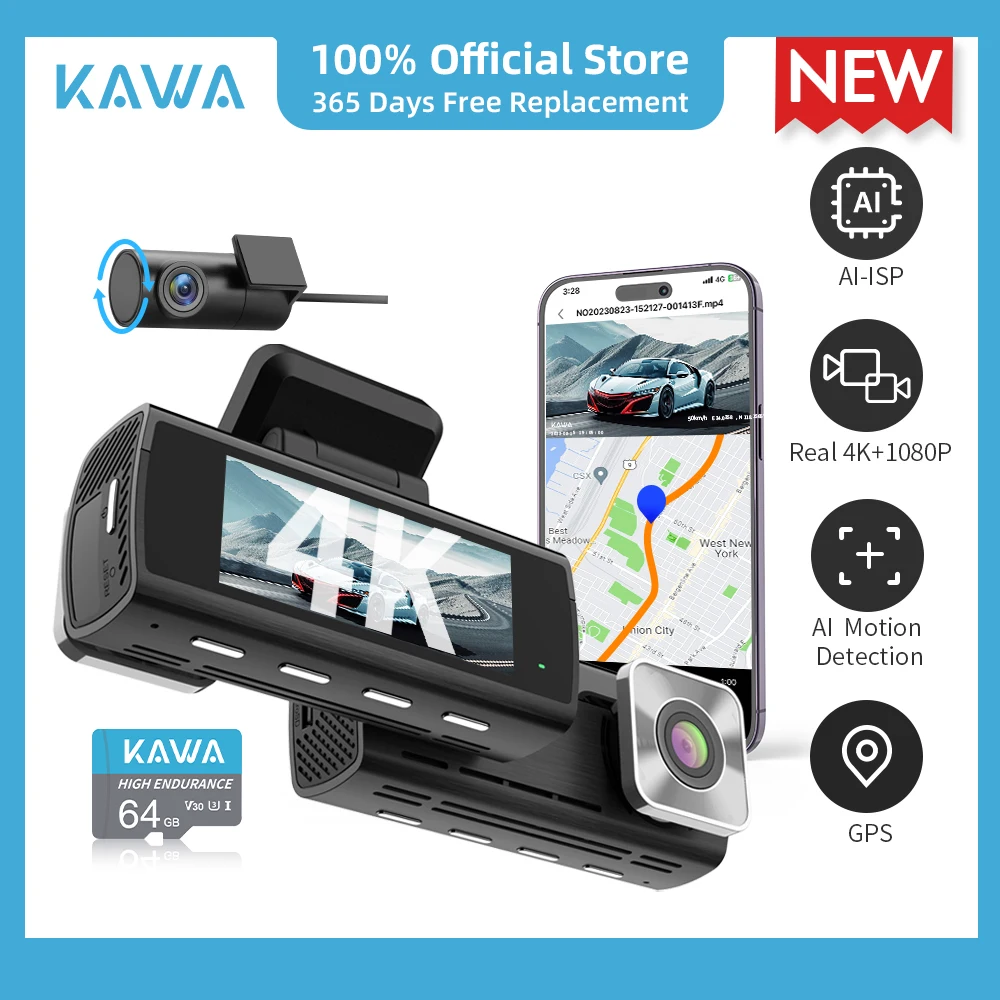 KAWA D10 Real 4K Dash Cam for Cars DVR Front&Rear Video Recorder Free 64GB Card AI-ISP Sony STARVIS IMX415 AI Motion Detection 