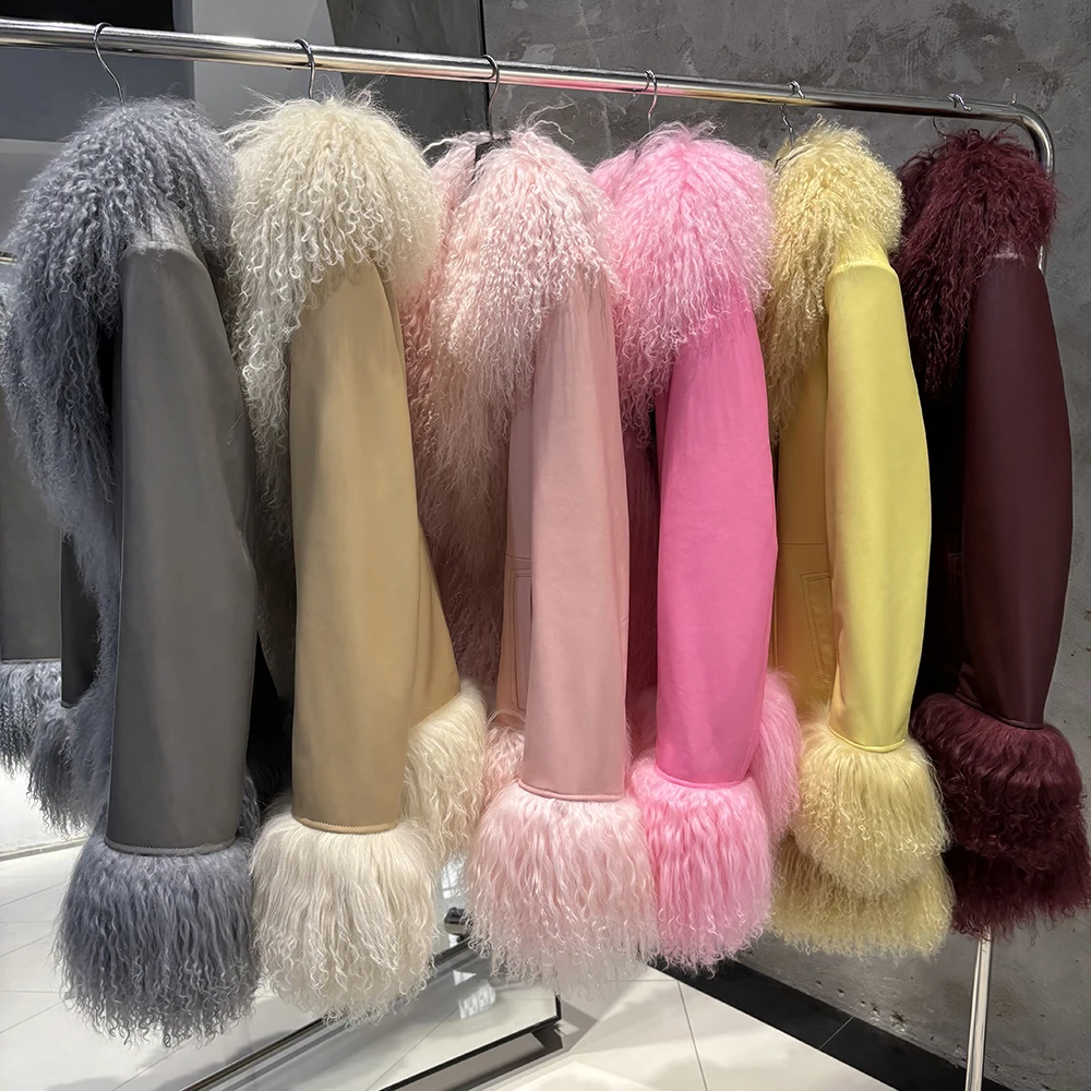 YOLOAgain Real Mongolia Sheep Fur Collar Real Leather Jacket Coat Women