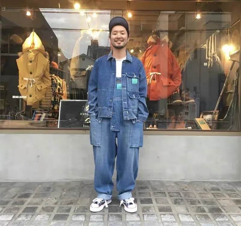 Men's Reverse Craftsman American Americana Washed Distressed Denim Overalls Multi-Pocket Suspender Jumpsuit