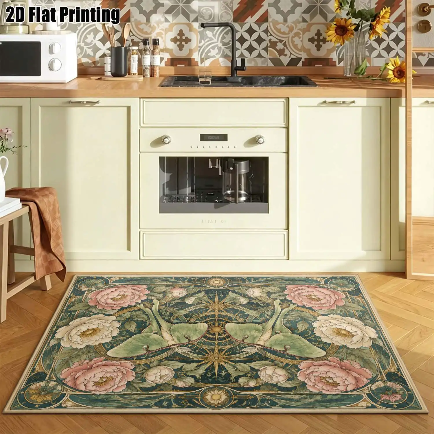 1Pc 2D Printed Retro Green Floral Moth Carpet: European Vintage Floral Geometric Decor Home Rug, Multi-Size, Machine Washable, for Entrance, Living Room, Bedroom, Dining, Study