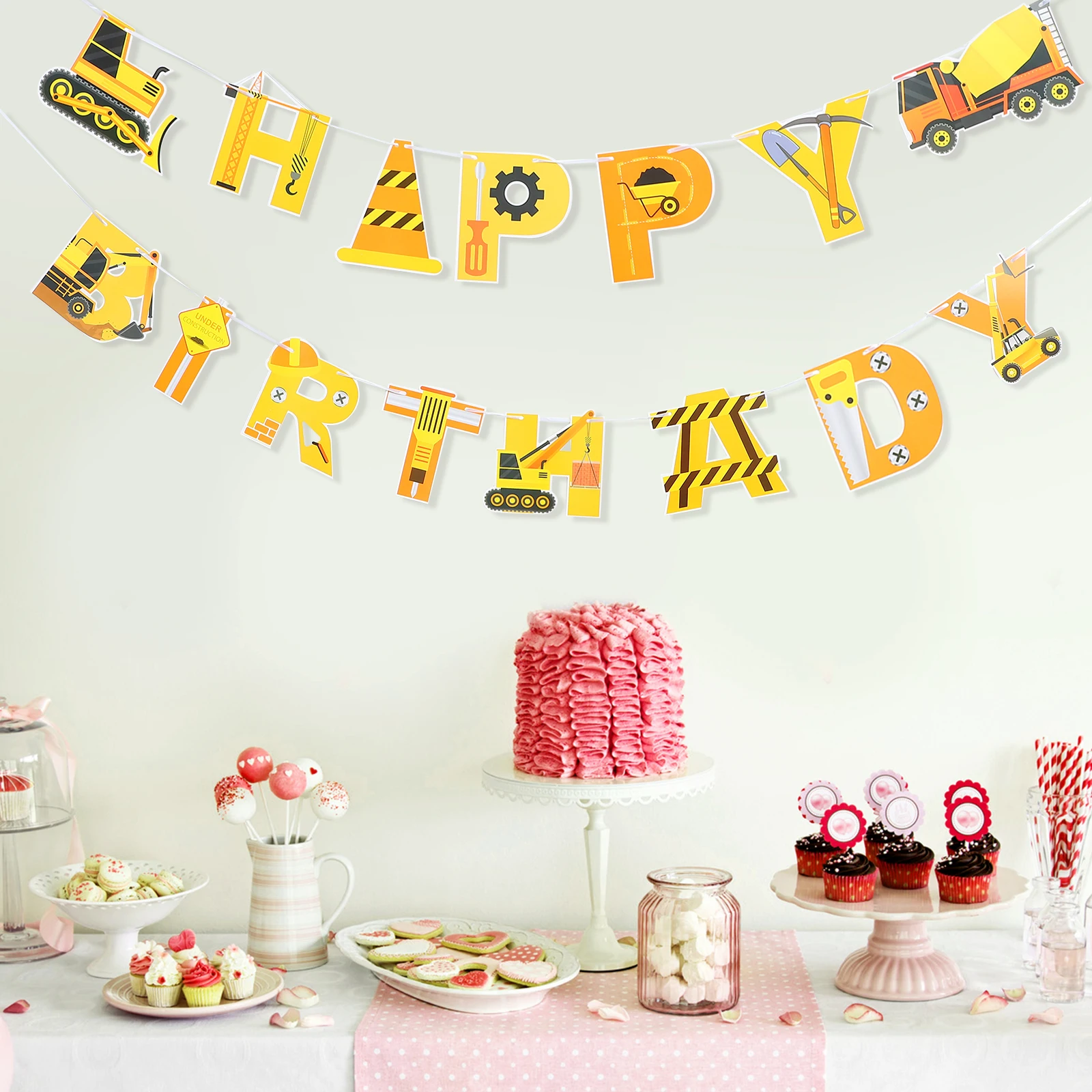 

Construction Theme Birthday Decors PVC Material Cake Topper Boys Party Decorations Engineering Vehicle Banner Festive Supplies