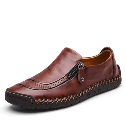 Classic Men's Casual Shoes Genuine Leather Breathable Men Flats Moccasins Loafers Zipper Men's Driving Male Shoes Big Size 38-48