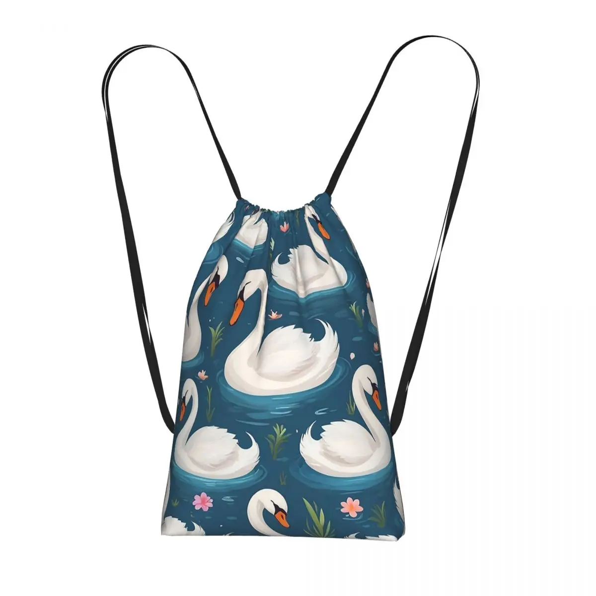 Cartoon Elegant White Swan Pattern Backpacks Multi-function Drawstring Bundle Pocket Sports Bag Book Bags for Man Woman Students