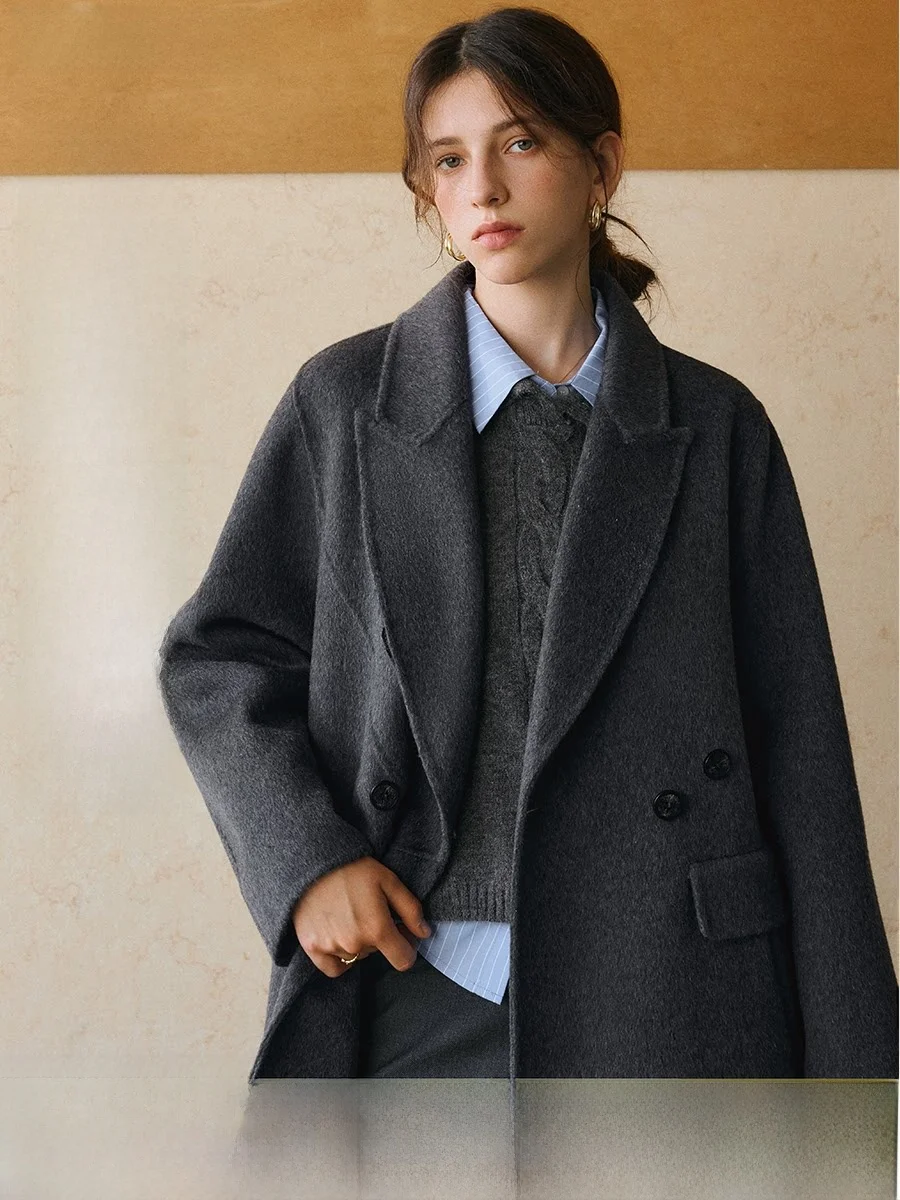 

OLrain Double-sided Woolen ey Long Coat Ele Aosphere Winter New Arrival Women's Faion Outerwear Pure Online S